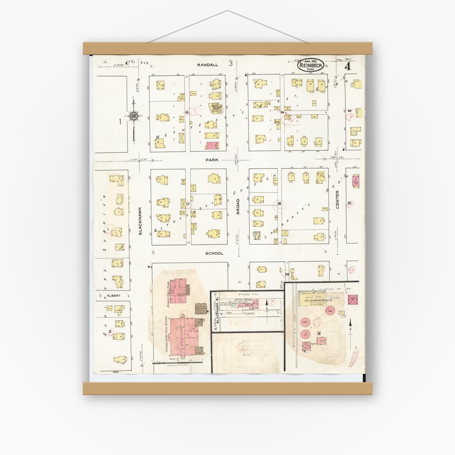 Old map wall art mockup — magnetic wood frame on white wall — Sanborn Fire Insurance Map from Reinbeck, Grundy County, Iowa (1935), Sheet #0004