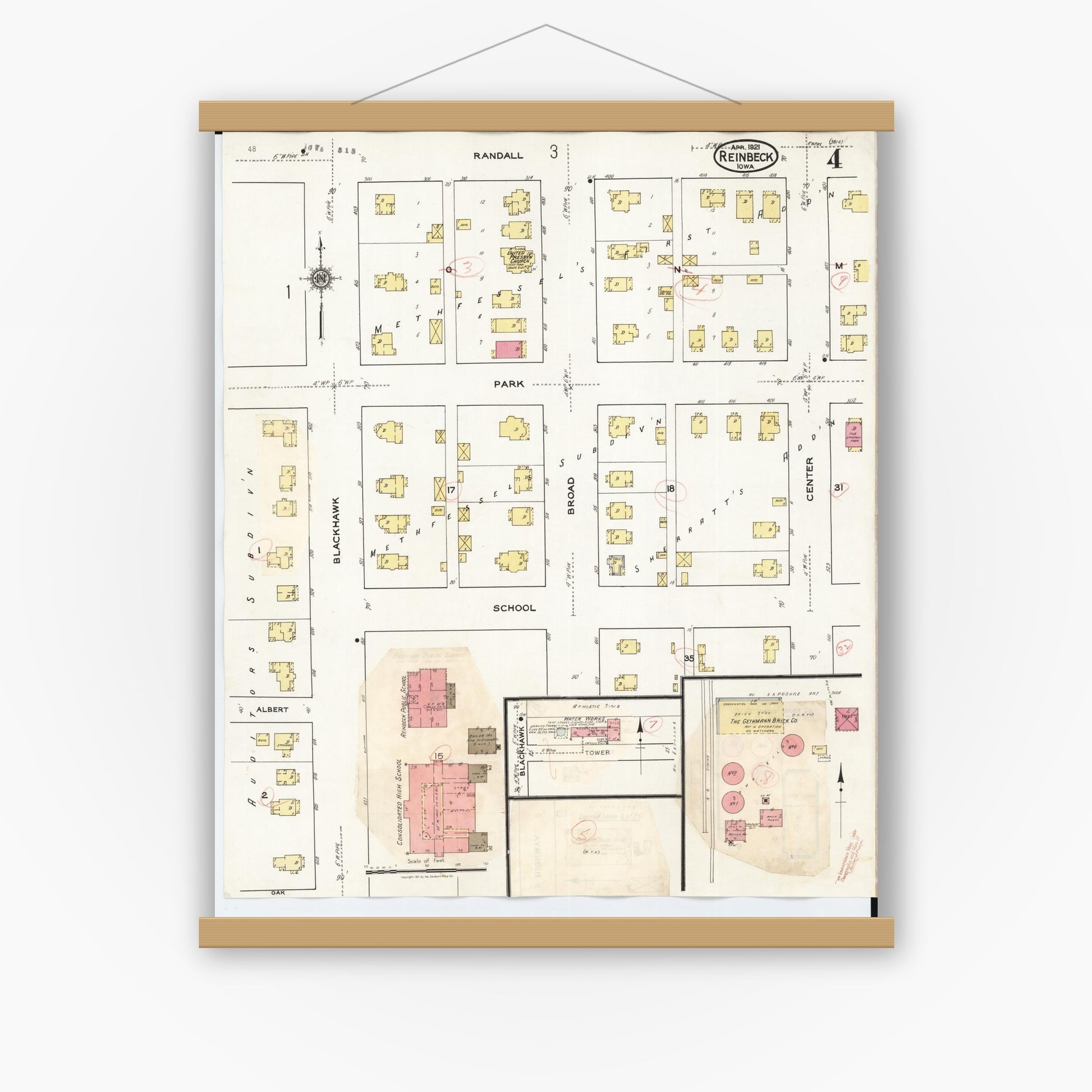Old map wall art mockup — magnetic wood frame on white wall — Sanborn Fire Insurance Map from Reinbeck, Grundy County, Iowa (1935), Sheet #0004