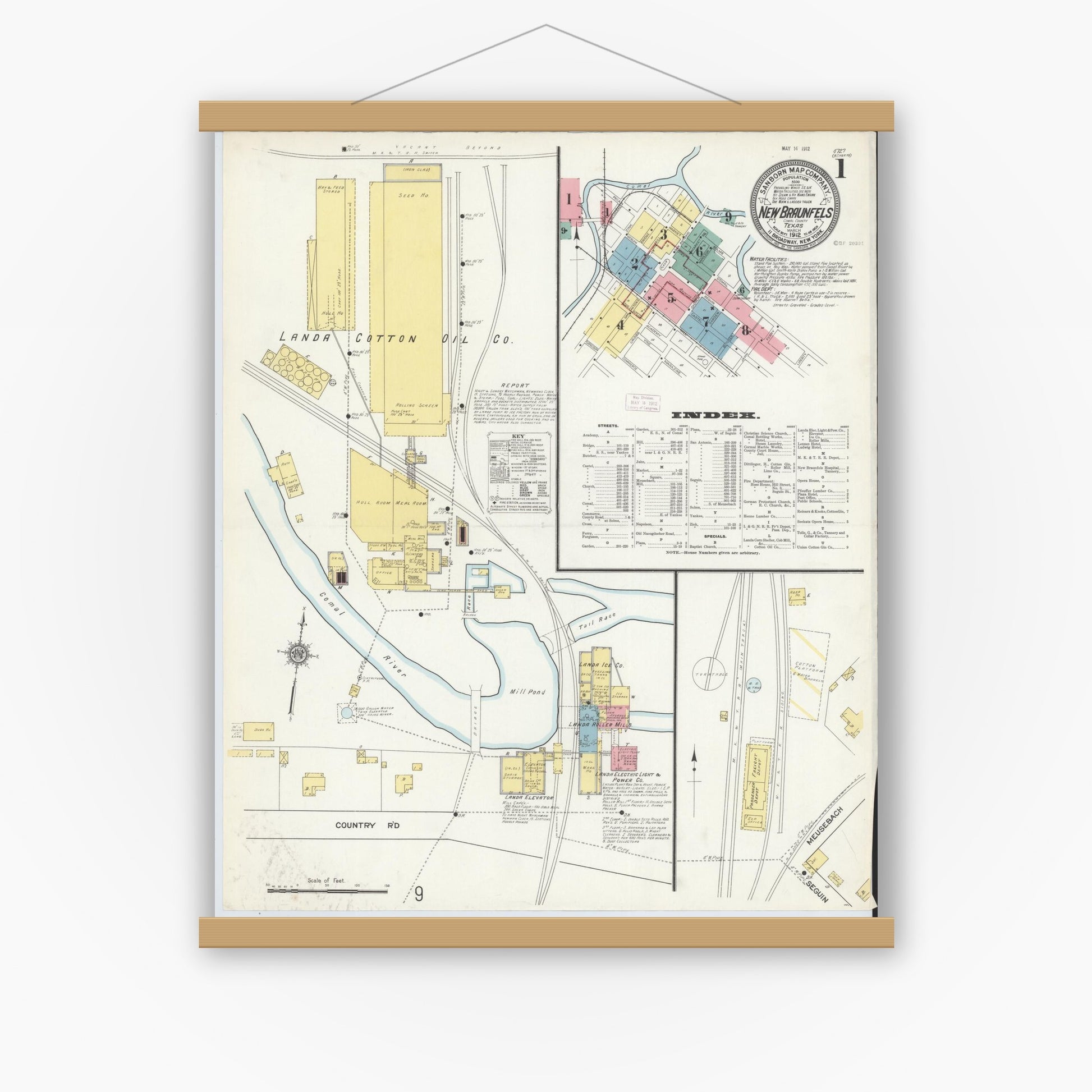 Old map wall art mockup — magnetic wood frame on white wall — Sanborn Fire Insurance Map from New Braunfels, Comal County, Texas (1912), Sheet #0001