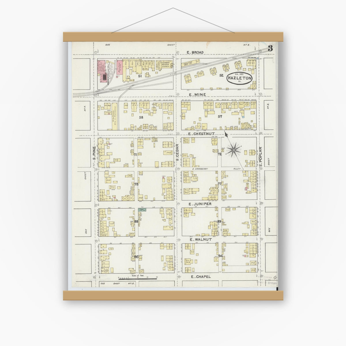 Old map wall art mockup — magnetic wood frame on white wall — Sanborn Fire Insurance Map from Hazleton, Luzerne County, Pennsylvania (1891), Sheet #0003