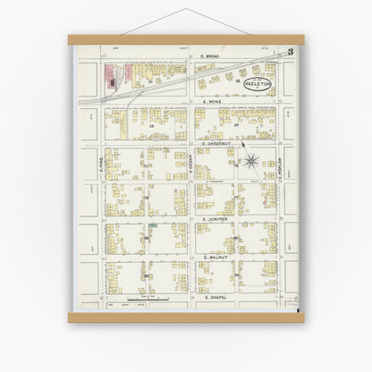 Old map wall art mockup — magnetic wood frame on white wall — Sanborn Fire Insurance Map from Hazleton, Luzerne County, Pennsylvania (1891), Sheet #0003