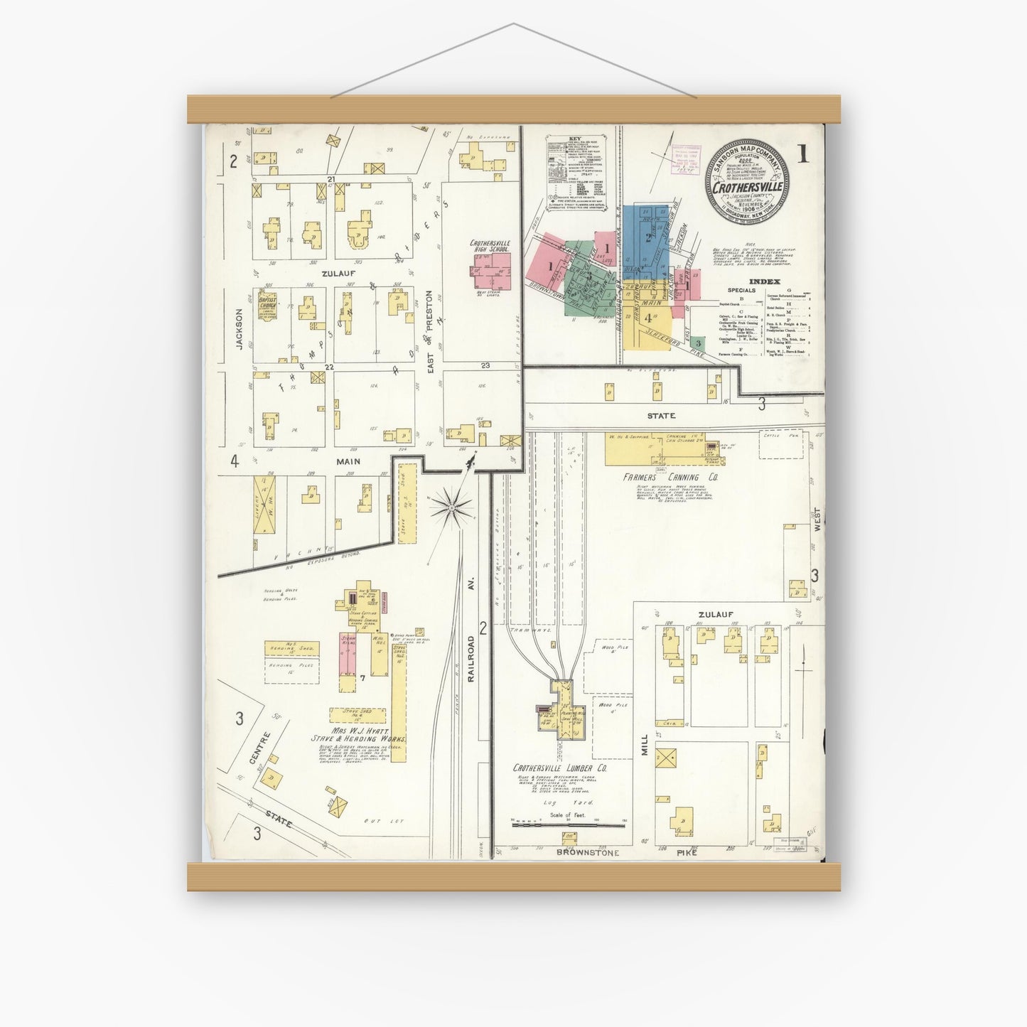 Old map wall art mockup — magnetic wood frame on white wall — Sanborn Fire Insurance Map from Crothersville, Jackson County, Indiana (1906) - Complete Map Set