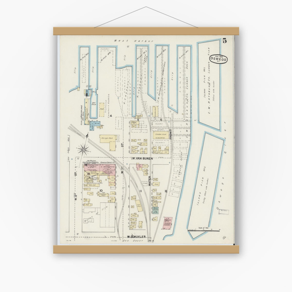 Old map wall art mockup — magnetic wood frame on white wall — Sanborn Fire Insurance Map from Oswego, Oswego County, New York (1890), Sheet #0005