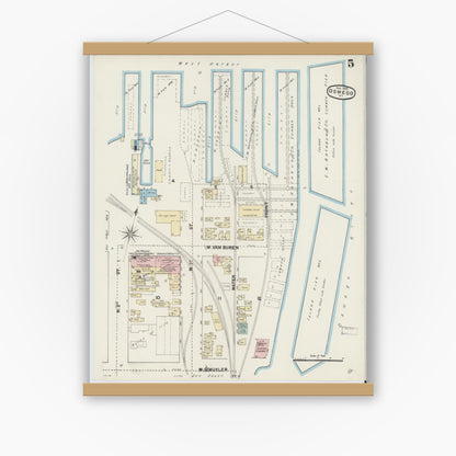 Old map wall art mockup — magnetic wood frame on white wall — Sanborn Fire Insurance Map from Oswego, Oswego County, New York (1890), Sheet #0005