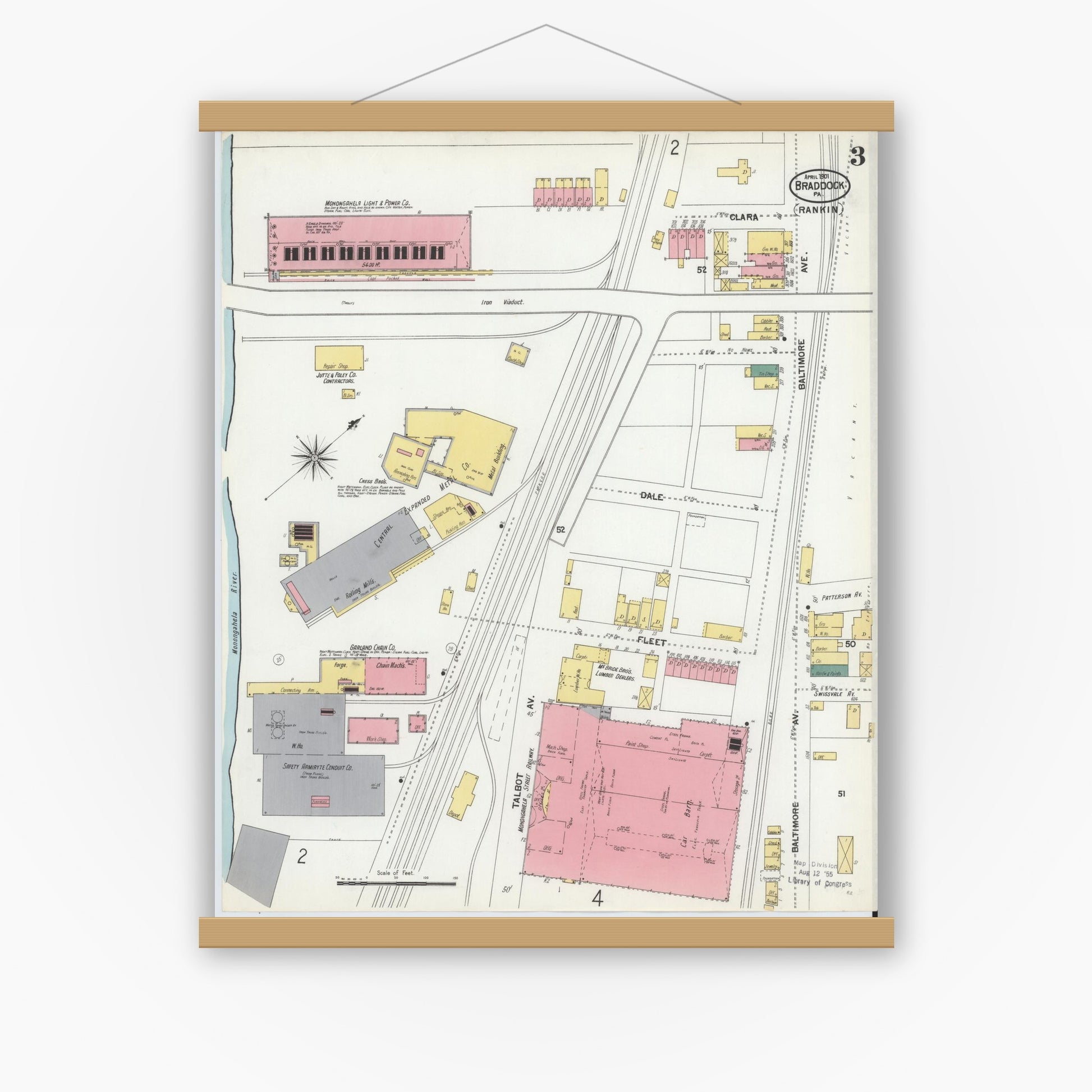 Old map wall art mockup — magnetic wood frame on white wall — Sanborn Fire Insurance Map from Braddock, Allegheny County, Pennsylvania (1901), Sheet #0003