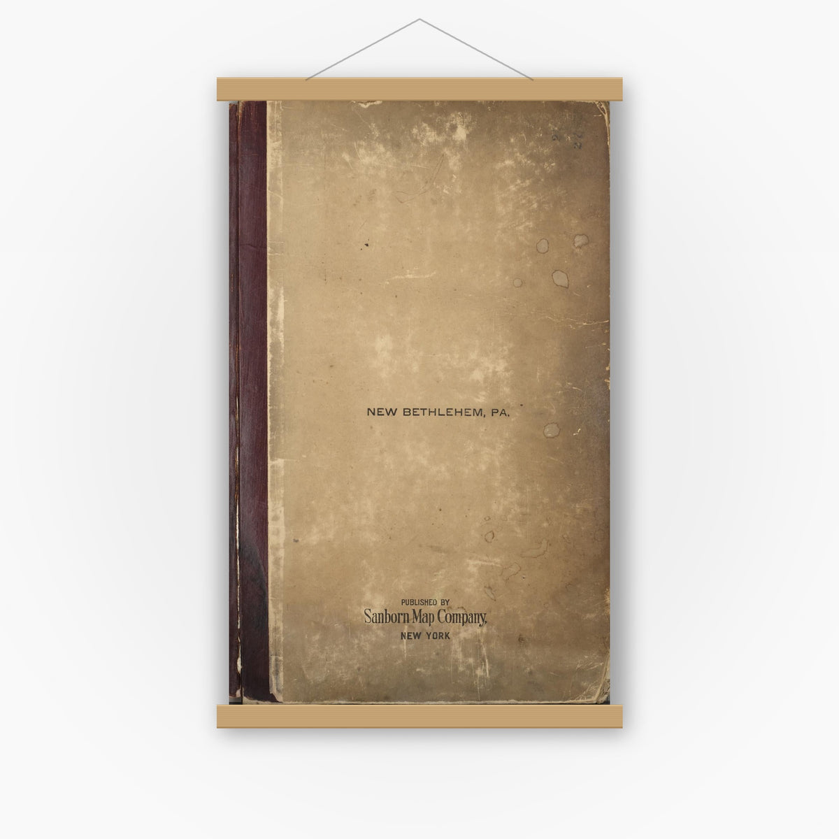 Old map wall art mockup — magnetic wood frame on white wall — Sanborn Fire Insurance Map from New Bethlehem, Clarion County, Pennsylvania (1948), Sheet #0001
