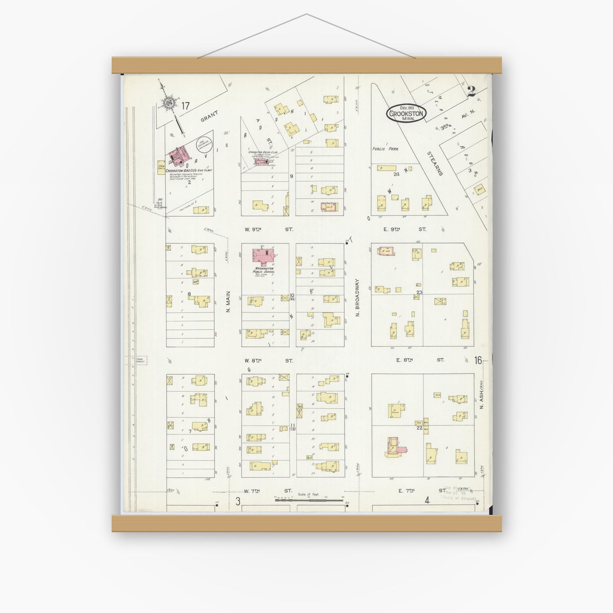 Old map wall art mockup — magnetic wood frame on white wall — Sanborn Fire Insurance Map from Crookston, Polk County, Minnesota (1913), Sheet #0002