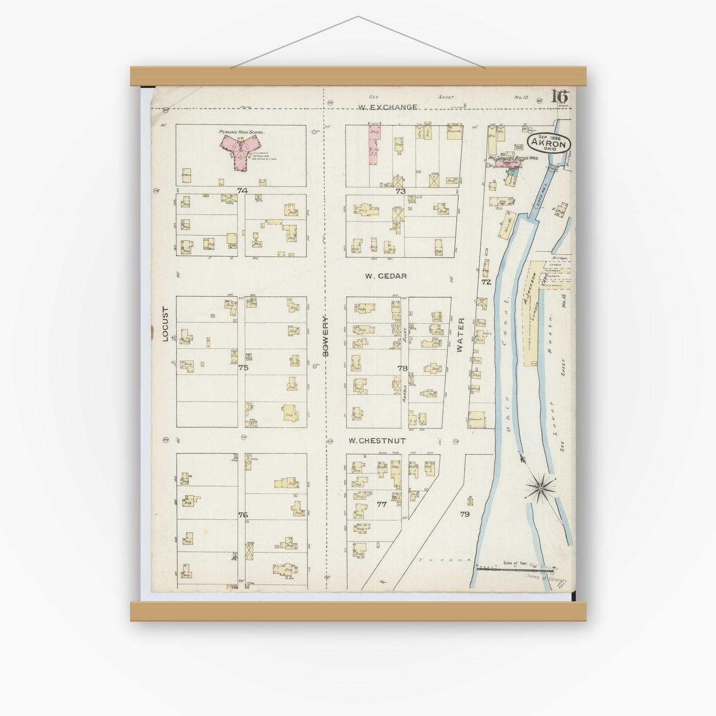 Old map wall art mockup — magnetic wood frame on white wall — Sanborn Fire Insurance Map from Akron, Summit County, Ohio (1886), Sheet #0016