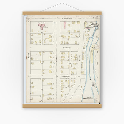 Old map wall art mockup — magnetic wood frame on white wall — Sanborn Fire Insurance Map from Akron, Summit County, Ohio (1886), Sheet #0016