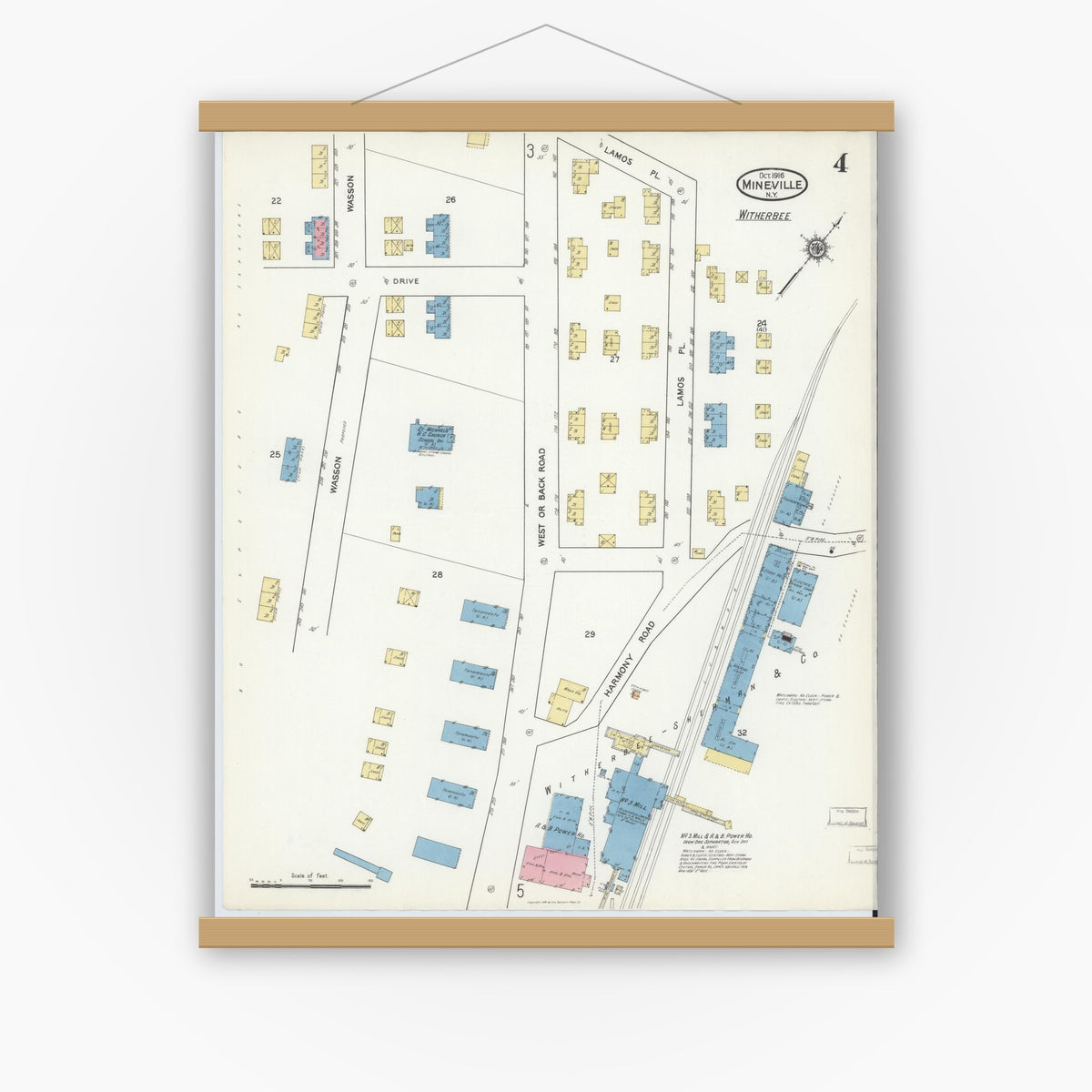 Old map wall art mockup — magnetic wood frame on white wall — Sanborn Fire Insurance Map from Mineville, Essex County, New York (1916), Sheet #0004