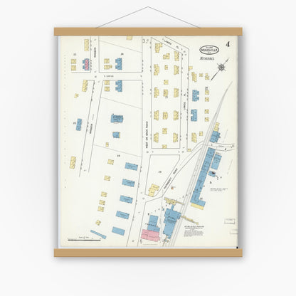 Old map wall art mockup — magnetic wood frame on white wall — Sanborn Fire Insurance Map from Mineville, Essex County, New York (1916), Sheet #0004