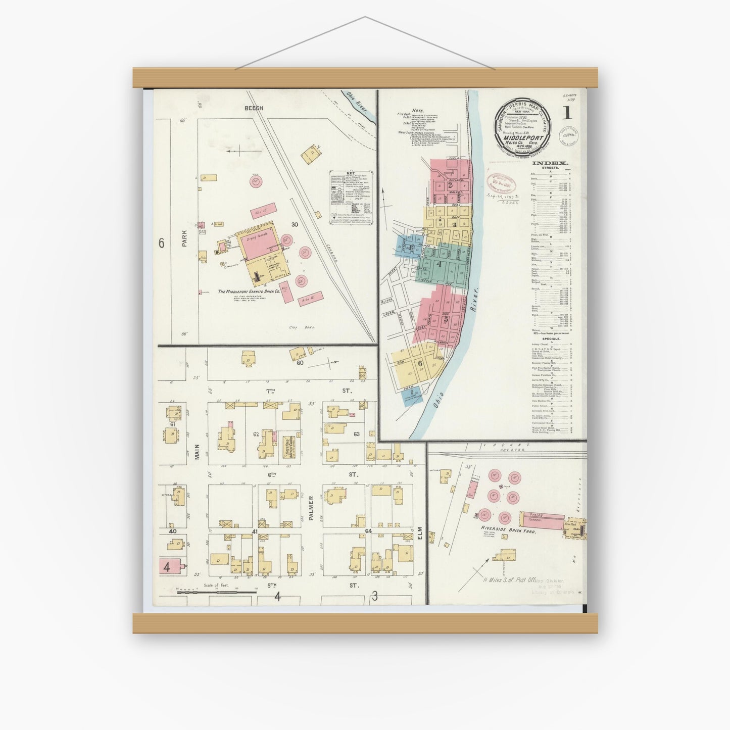Old map wall art mockup — magnetic wood frame on white wall — Sanborn Fire Insurance Map from Middleport, Meigs County, Ohio (1899) - Complete Map Set