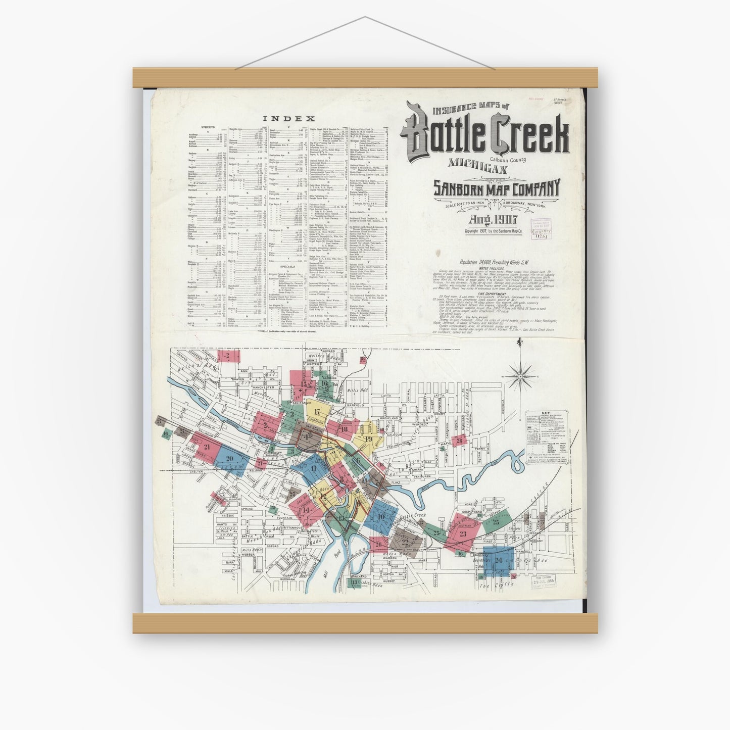 Old map wall art mockup — magnetic wood frame on white wall — Sanborn Fire Insurance Map from Battle Creek, Calhoun County, Michigan (1907) - Complete Map Set