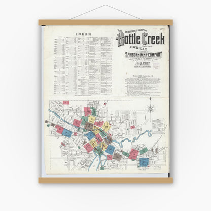 Old map wall art mockup — magnetic wood frame on white wall — Sanborn Fire Insurance Map from Battle Creek, Calhoun County, Michigan (1907) - Complete Map Set