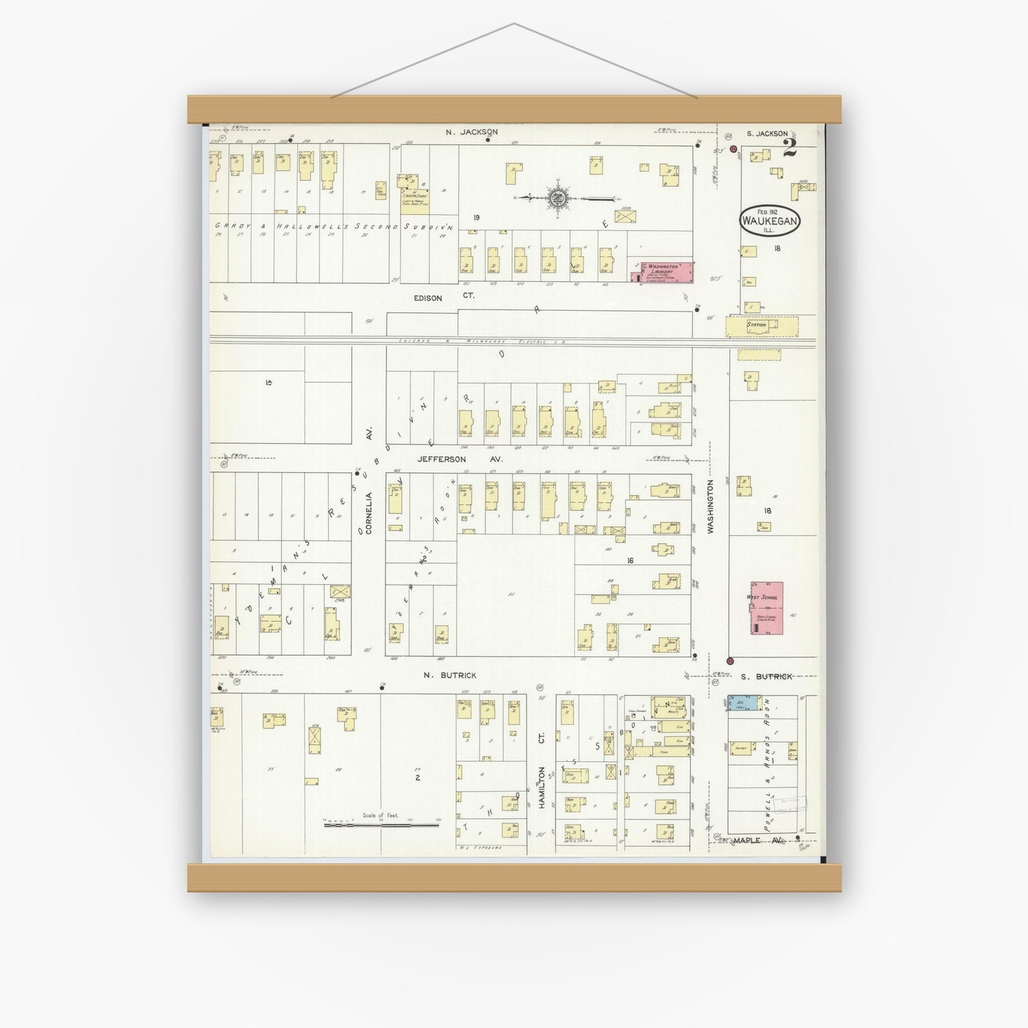 Old map wall art mockup — magnetic wood frame on white wall — Sanborn Fire Insurance Map from Waukegan, Lake County, Illinois (1912), Sheet #0002
