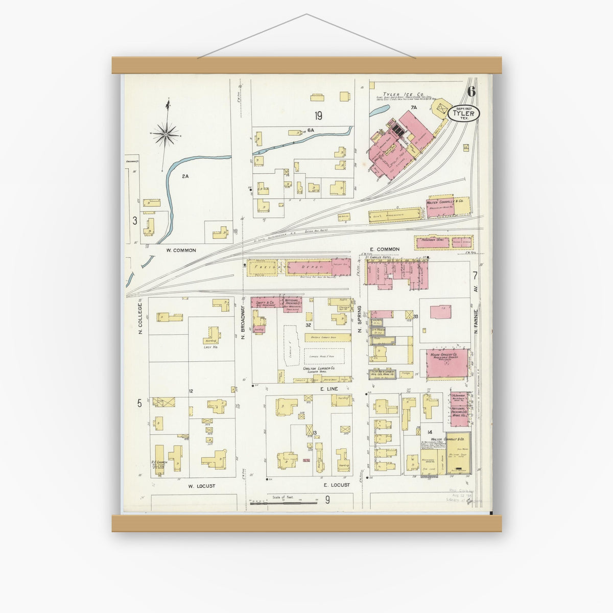 Old map wall art mockup — magnetic wood frame on white wall — Sanborn Fire Insurance Map from Tyler, Smith County, Texas (1907), Sheet #0006