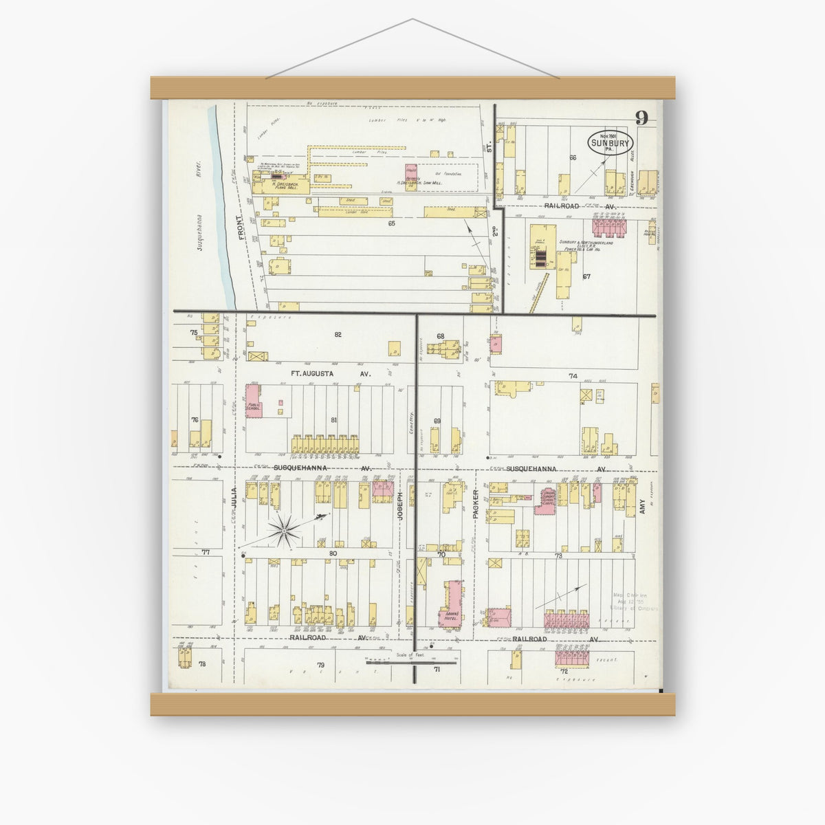 Old map wall art mockup — magnetic wood frame on white wall — Sanborn Fire Insurance Map from Sunbury, Northumberland County, Pennsylvania (1901), Sheet #0009