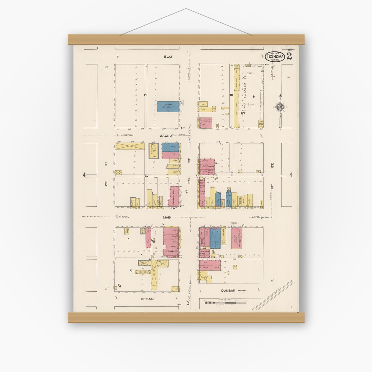 Old map wall art mockup — magnetic wood frame on white wall — Sanborn Fire Insurance Map from Texhoma, Texas County, Oklahoma and Sherman County, Texas, Texas (1922), Sheet #0002