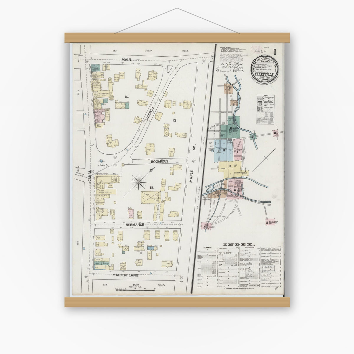 Old map wall art mockup — magnetic wood frame on white wall — Sanborn Fire Insurance Map from Ellenville, Ulster County, New York (1889) - Complete Map Set