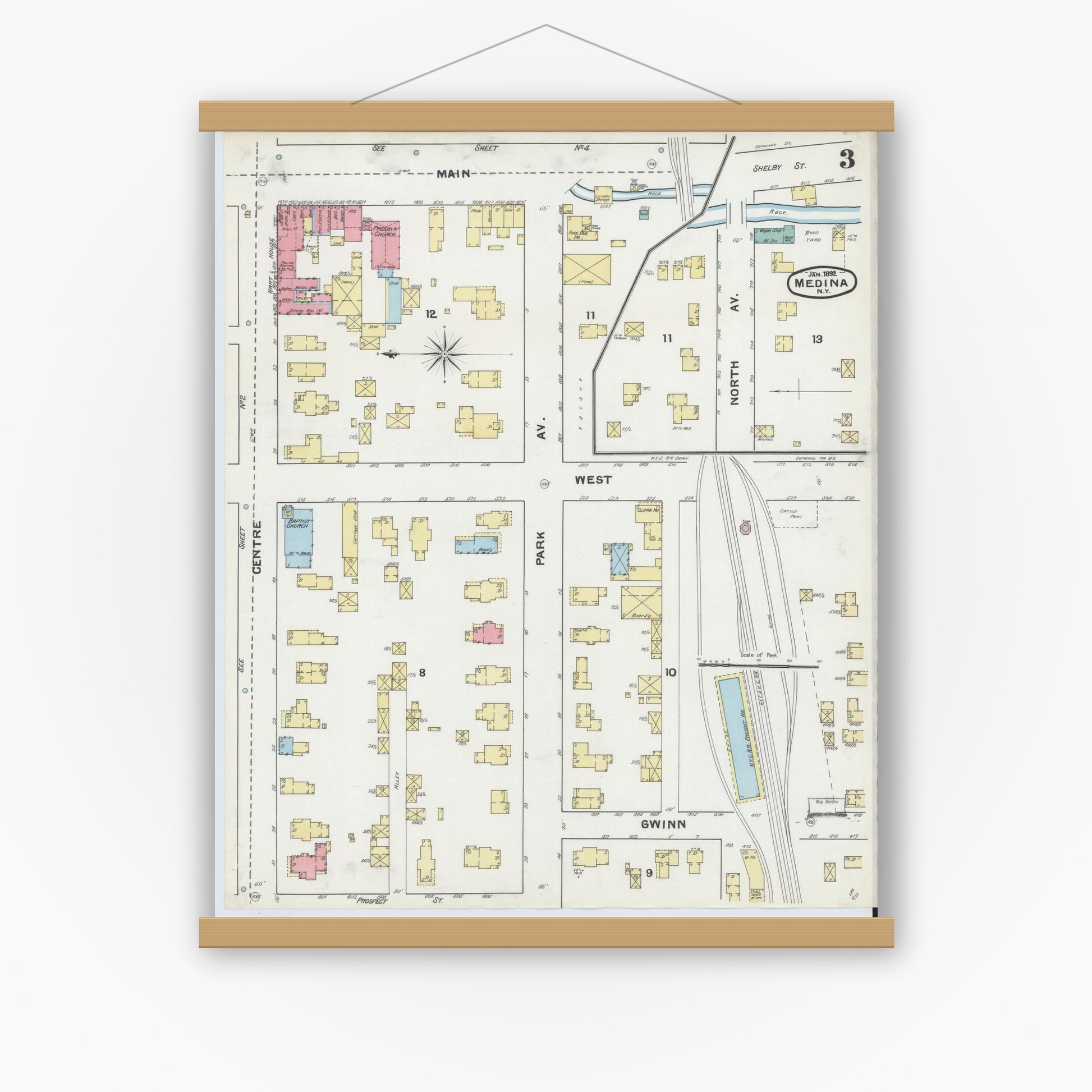 Old map wall art mockup — magnetic wood frame on white wall — Sanborn Fire Insurance Map from Medina, Orleans County, New York (1892), Sheet #0003