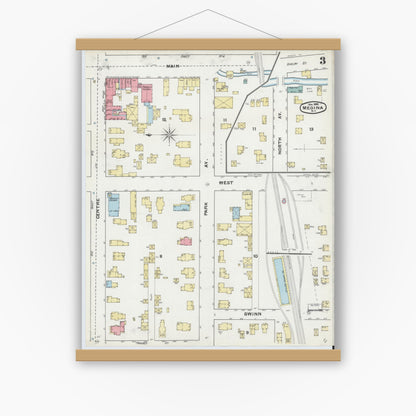 Old map wall art mockup — magnetic wood frame on white wall — Sanborn Fire Insurance Map from Medina, Orleans County, New York (1892), Sheet #0003