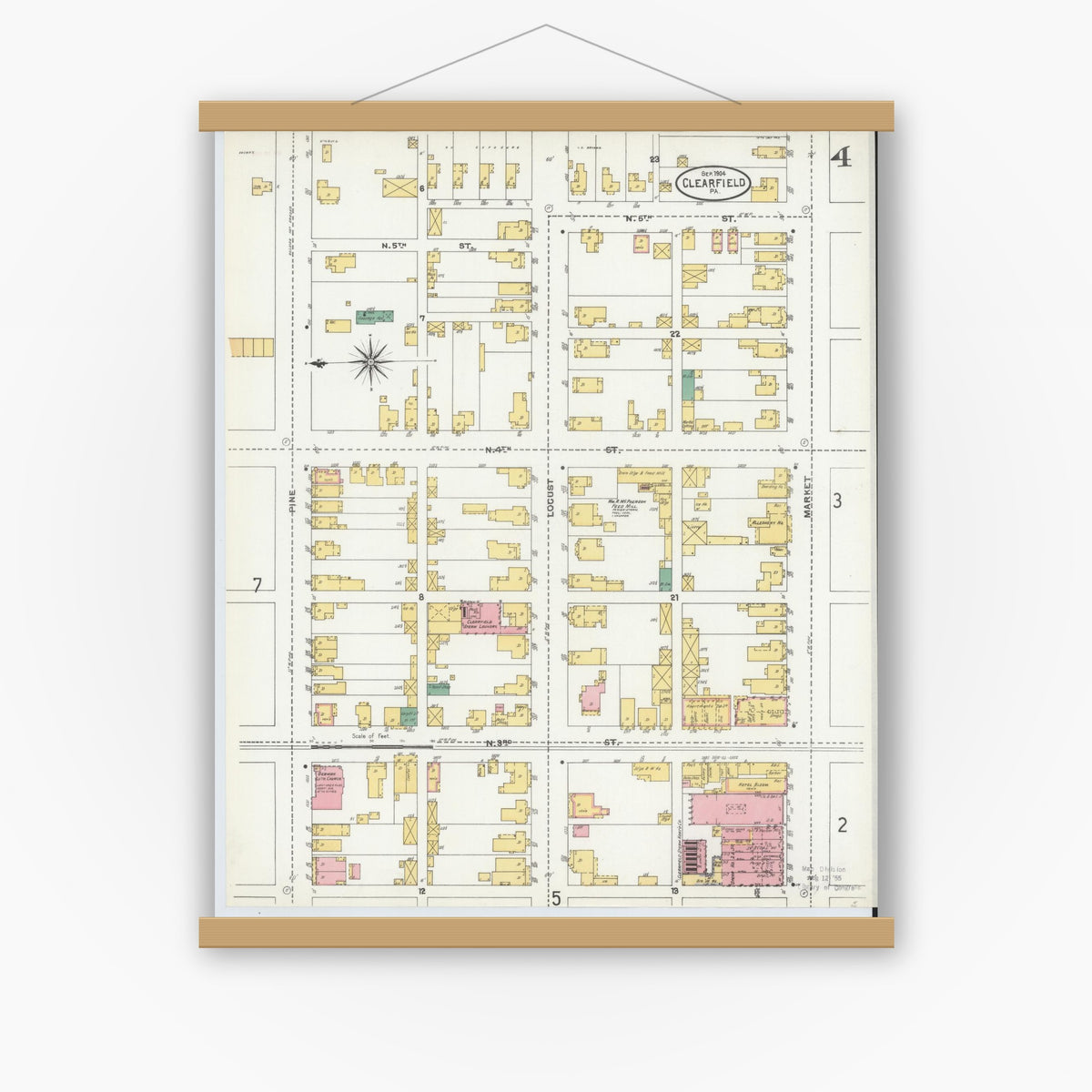 Old map wall art mockup — magnetic wood frame on white wall — Sanborn Fire Insurance Map from Clearfield, Clearfield County, Pennsylvania (1904), Sheet #0004