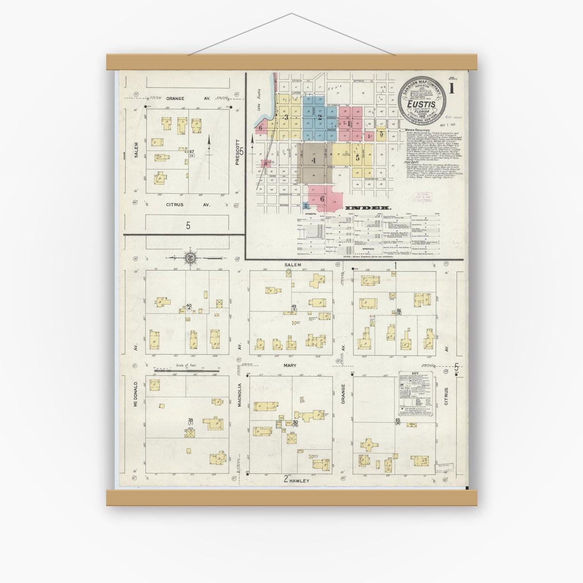 Old map wall art mockup — magnetic wood frame on white wall — Sanborn Fire Insurance Map from Eustis, Lake County, Florida (1912) - Complete Map Set
