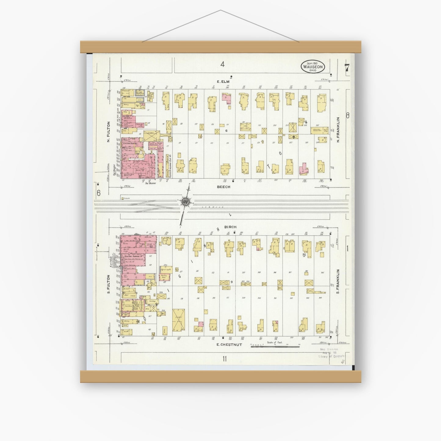 Old map wall art mockup — magnetic wood frame on white wall — Sanborn Fire Insurance Map from Wauseon, Fulton County, Ohio (1910), Sheet #0007