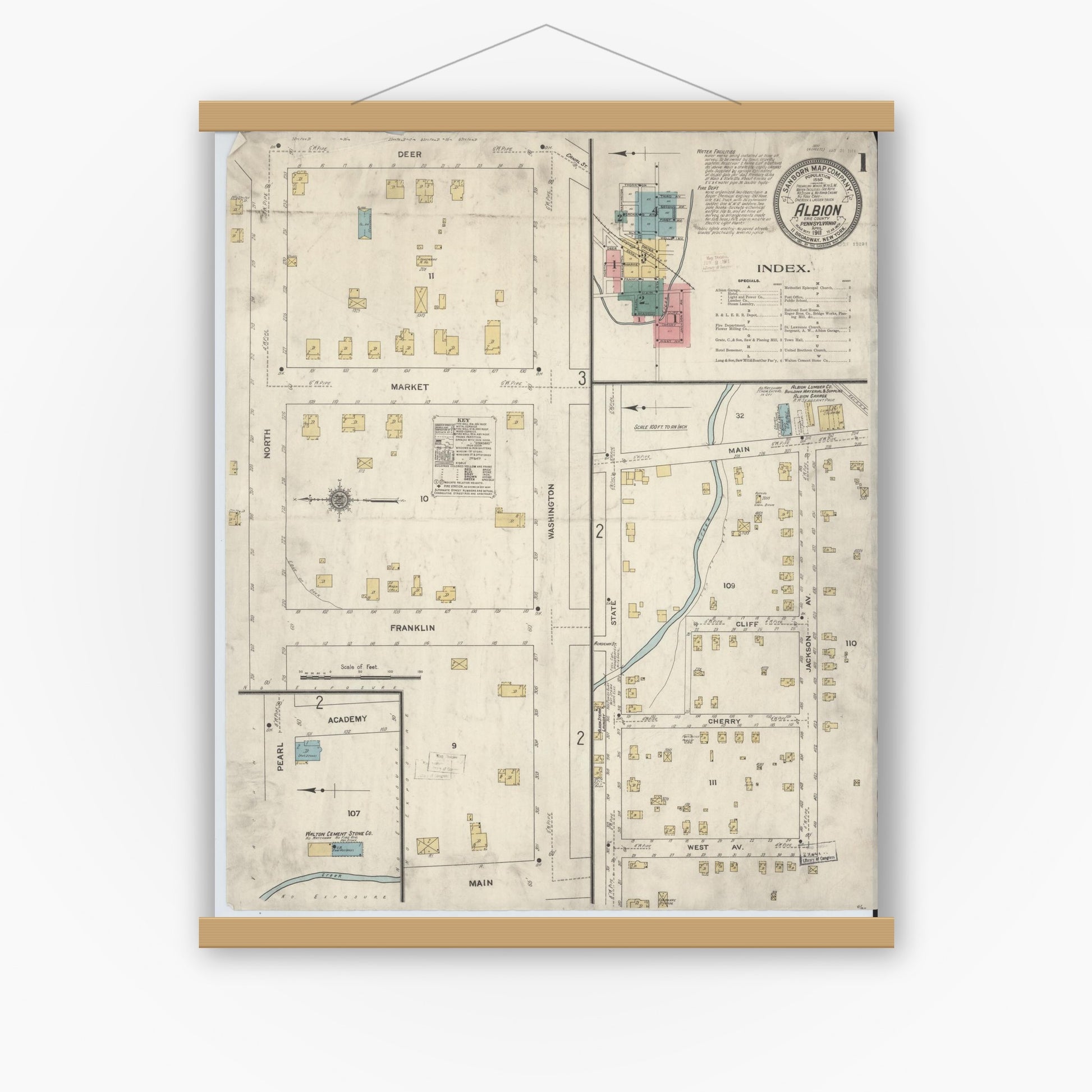 Old map wall art mockup — magnetic wood frame on white wall — Sanborn Fire Insurance Map from Albion, Erie County, Pennsylvania (1911) - Complete Map Set