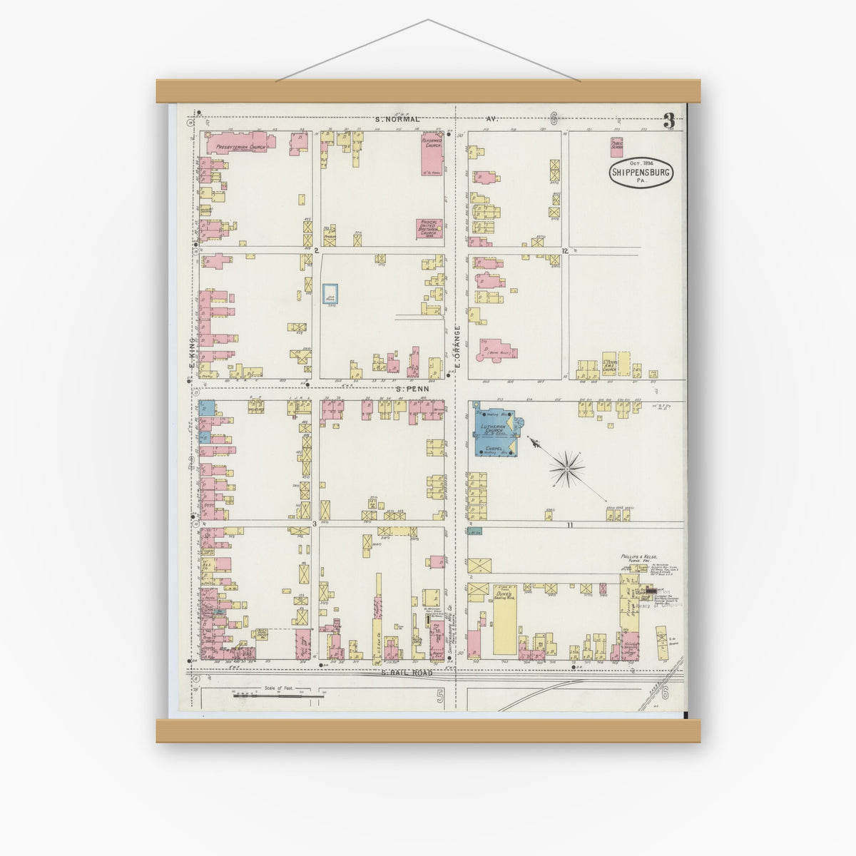 Old map wall art mockup — magnetic wood frame on white wall — Sanborn Fire Insurance Map from Shippensburg, Cumberland And Franklin Counties, Pennsylvania (1894), Sheet #0003
