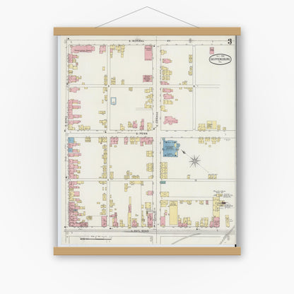 Old map wall art mockup — magnetic wood frame on white wall — Sanborn Fire Insurance Map from Shippensburg, Cumberland And Franklin Counties, Pennsylvania (1894), Sheet #0003