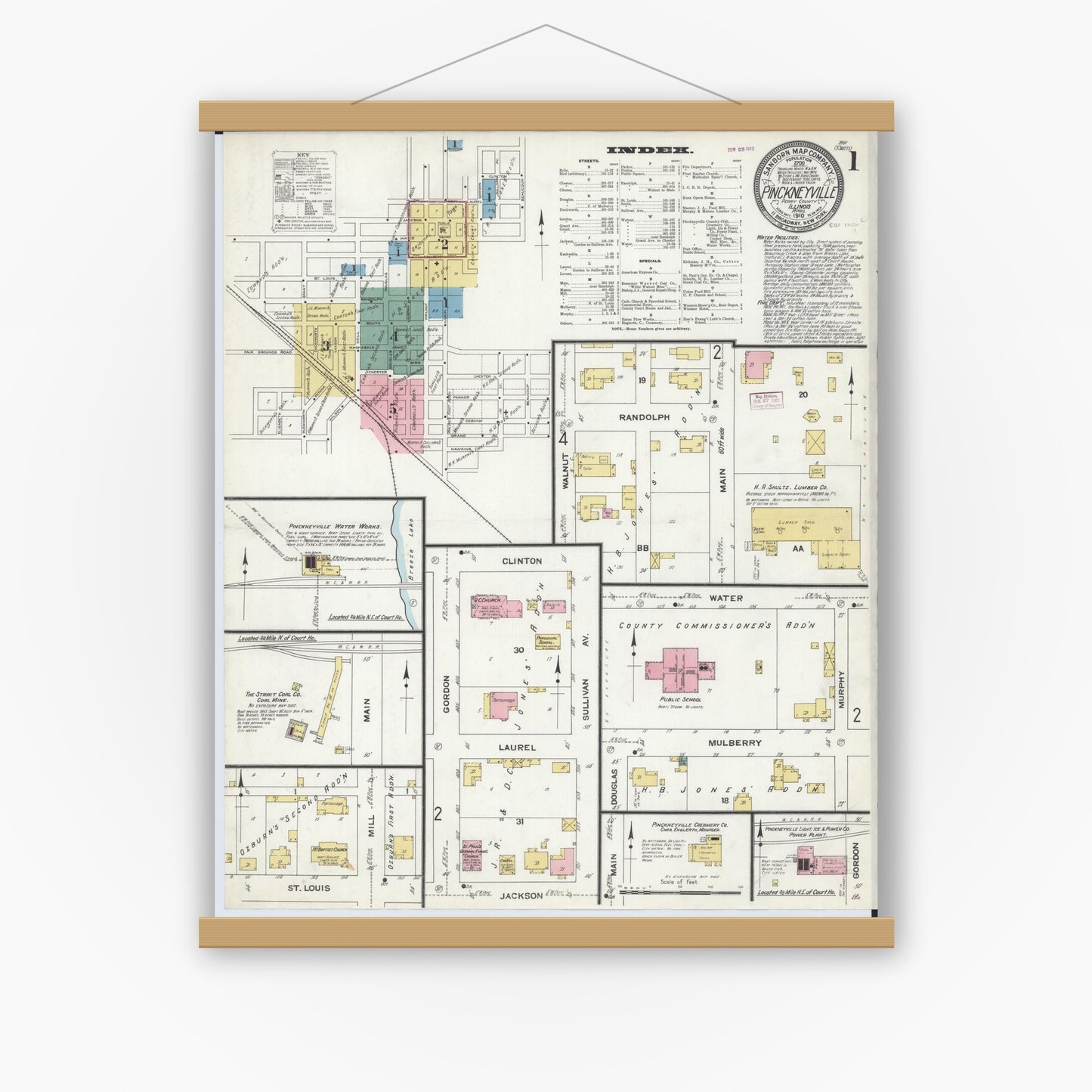 Old map wall art mockup — magnetic wood frame on white wall — Sanborn Fire Insurance Map from Pinckneyville, Perry County, Illinois (1910) - Complete Map Set