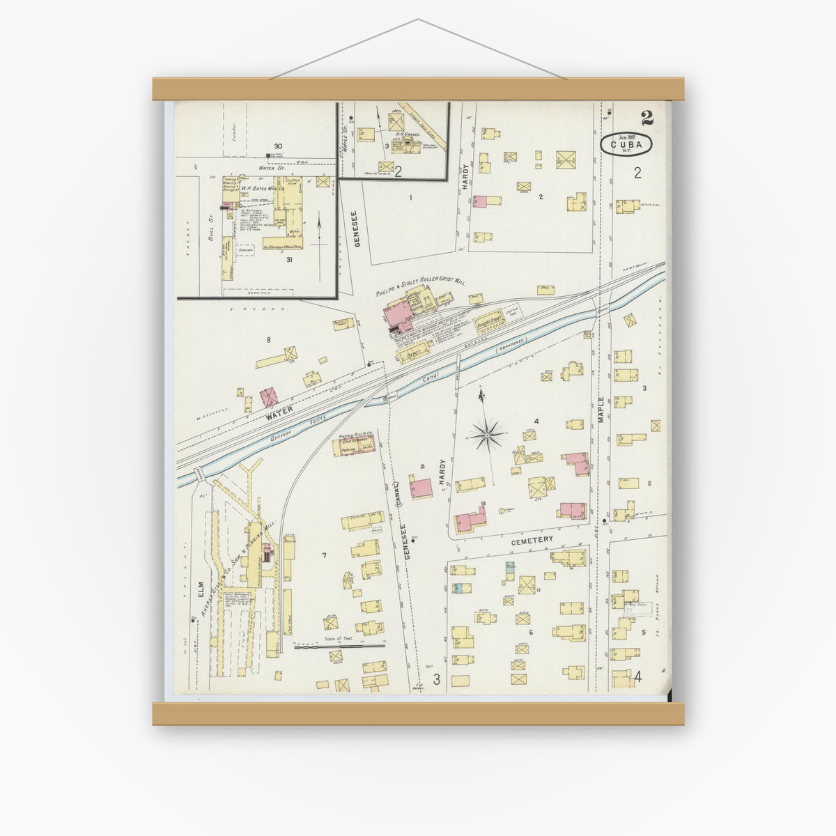 Old map wall art mockup — magnetic wood frame on white wall — Sanborn Fire Insurance Map from Cuba, Allegany County, New York (1897), Sheet #0002
