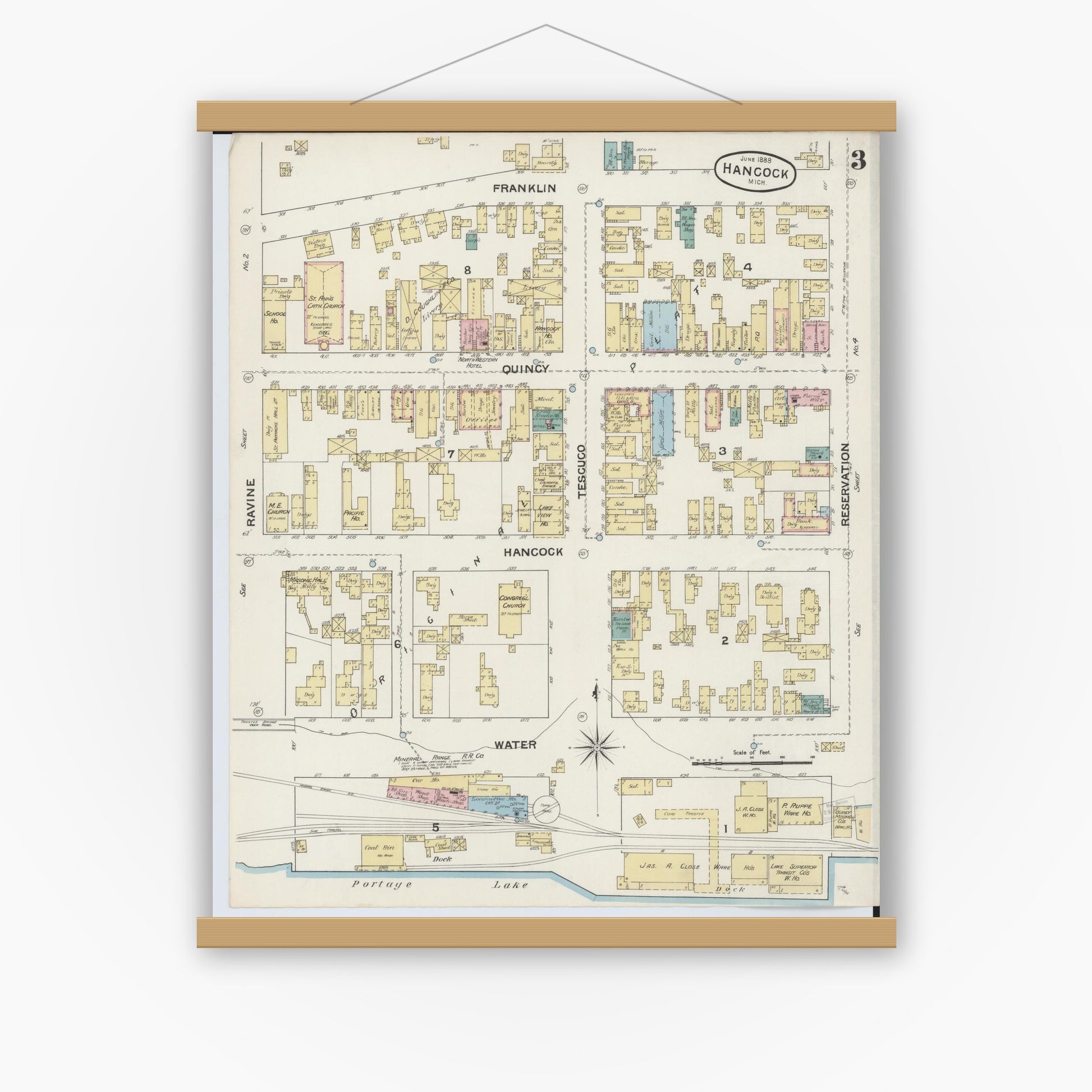 Old map wall art mockup — magnetic wood frame on white wall — Sanborn Fire Insurance Map from Houghton, Houghton County, Michigan (1888), Sheet #0003
