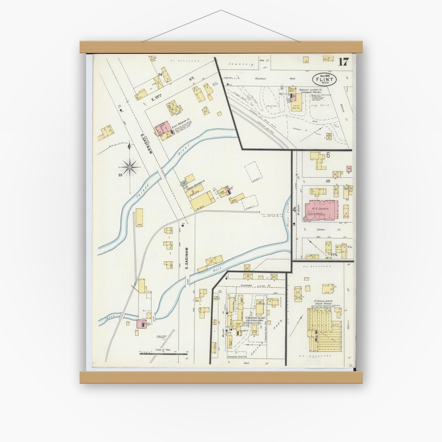 Old map wall art mockup — magnetic wood frame on white wall — Sanborn Fire Insurance Map from Flint, Genesee County, Michigan (1898), Sheet #0017