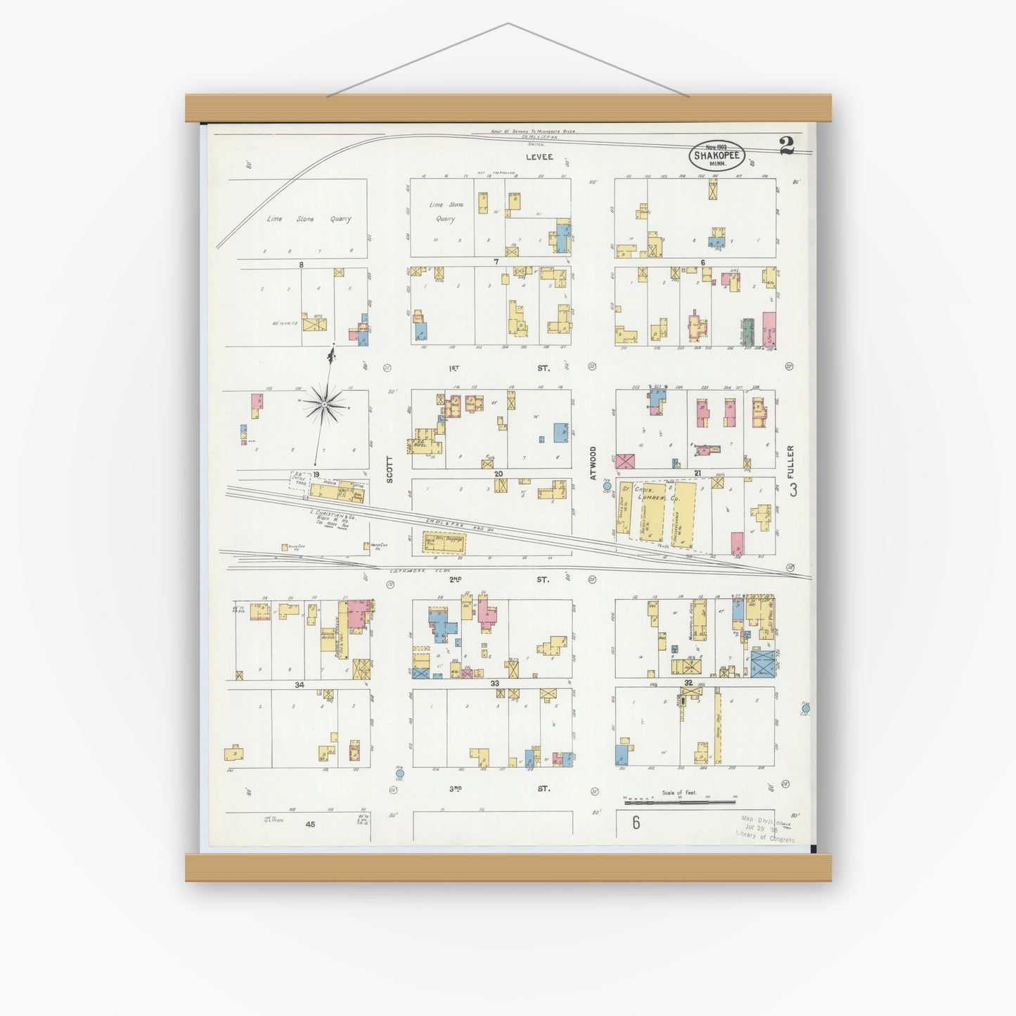 Old map wall art mockup — magnetic wood frame on white wall — Sanborn Fire Insurance Map from Shakopee, Scott County, Minnesota (1902), Sheet #0002
