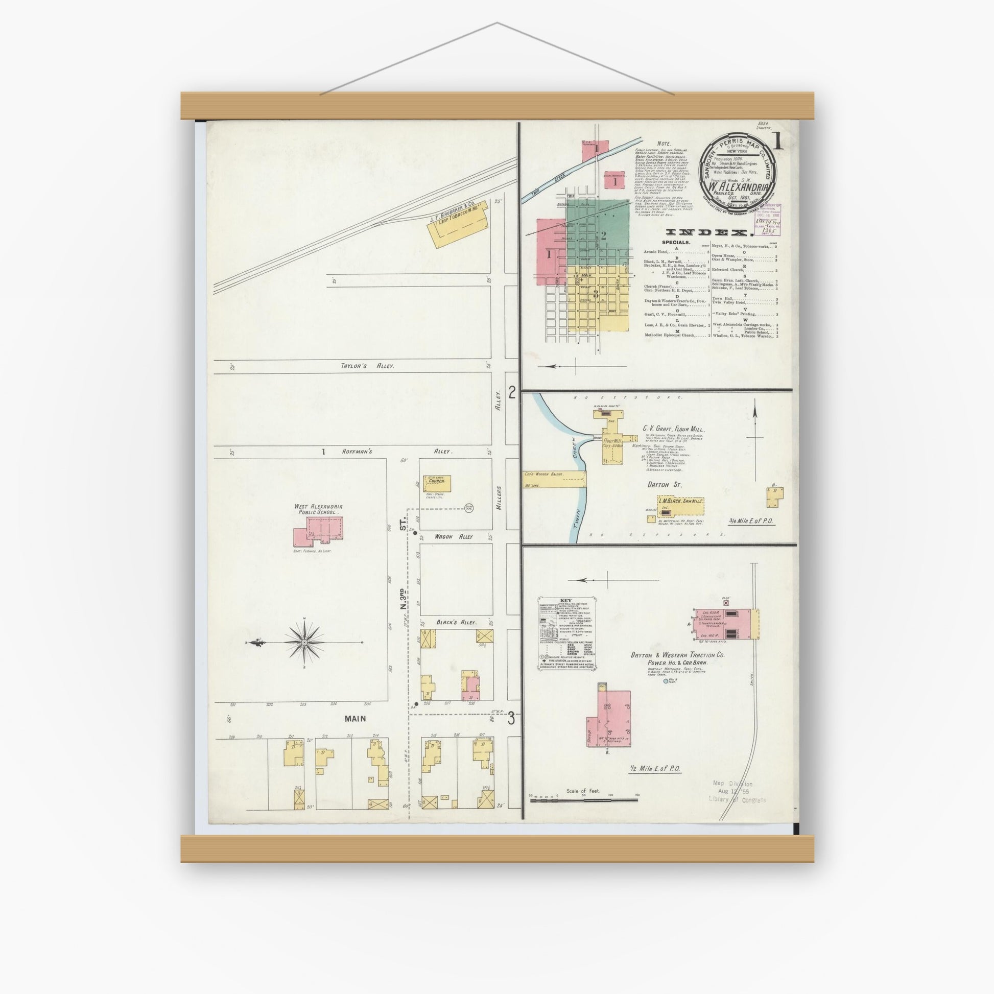 Old map wall art mockup — magnetic wood frame on white wall — Sanborn Fire Insurance Map from West Alexandria, Preble County, Ohio (1901) - Complete Map Set