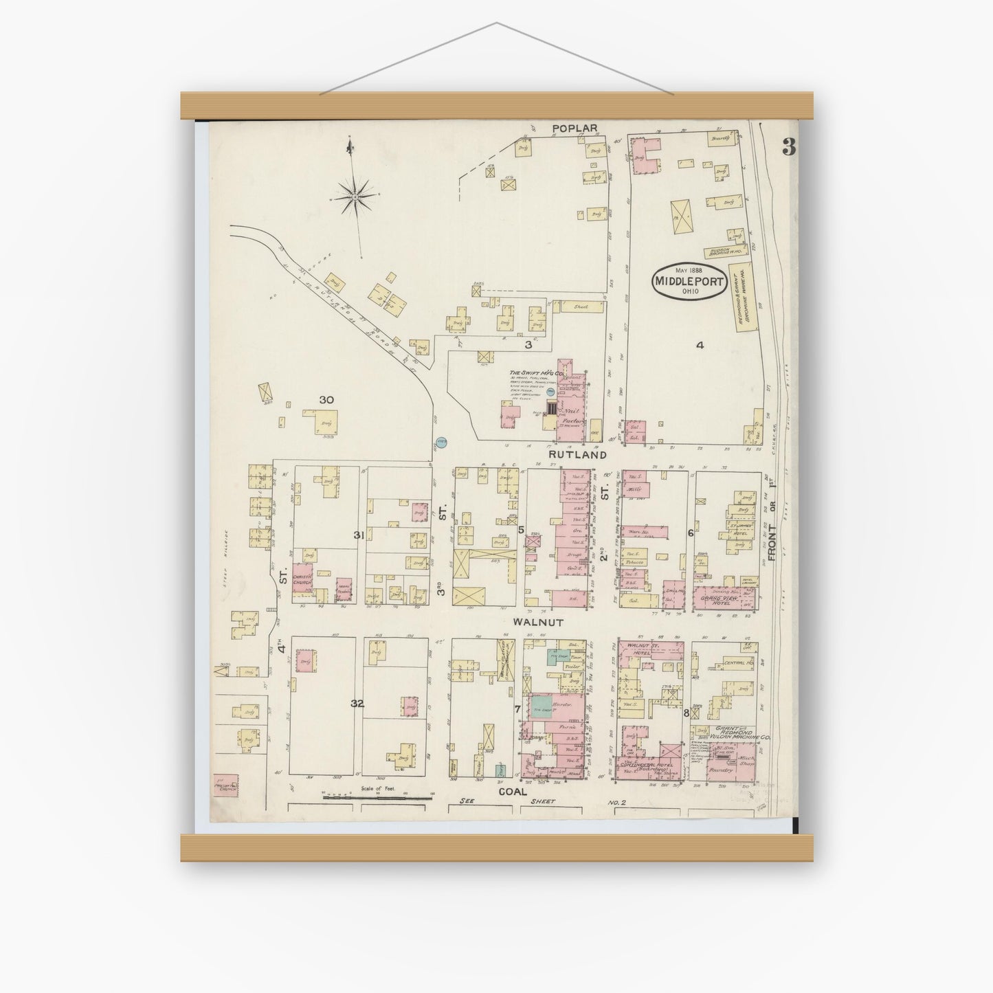 Old map wall art mockup — magnetic wood frame on white wall — Sanborn Fire Insurance Map from Middleport, Meigs County, Ohio (1888), Sheet #0003