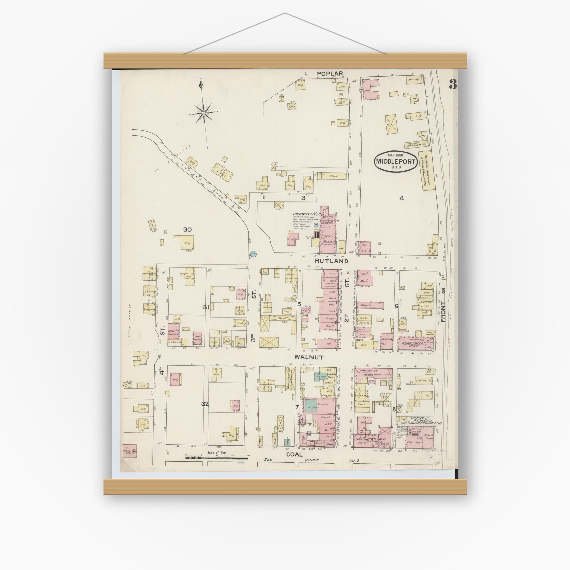 Old map wall art mockup — magnetic wood frame on white wall — Sanborn Fire Insurance Map from Middleport, Meigs County, Ohio (1888), Sheet #0003