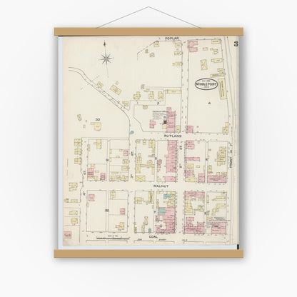 Old map wall art mockup — magnetic wood frame on white wall — Sanborn Fire Insurance Map from Middleport, Meigs County, Ohio (1888), Sheet #0003