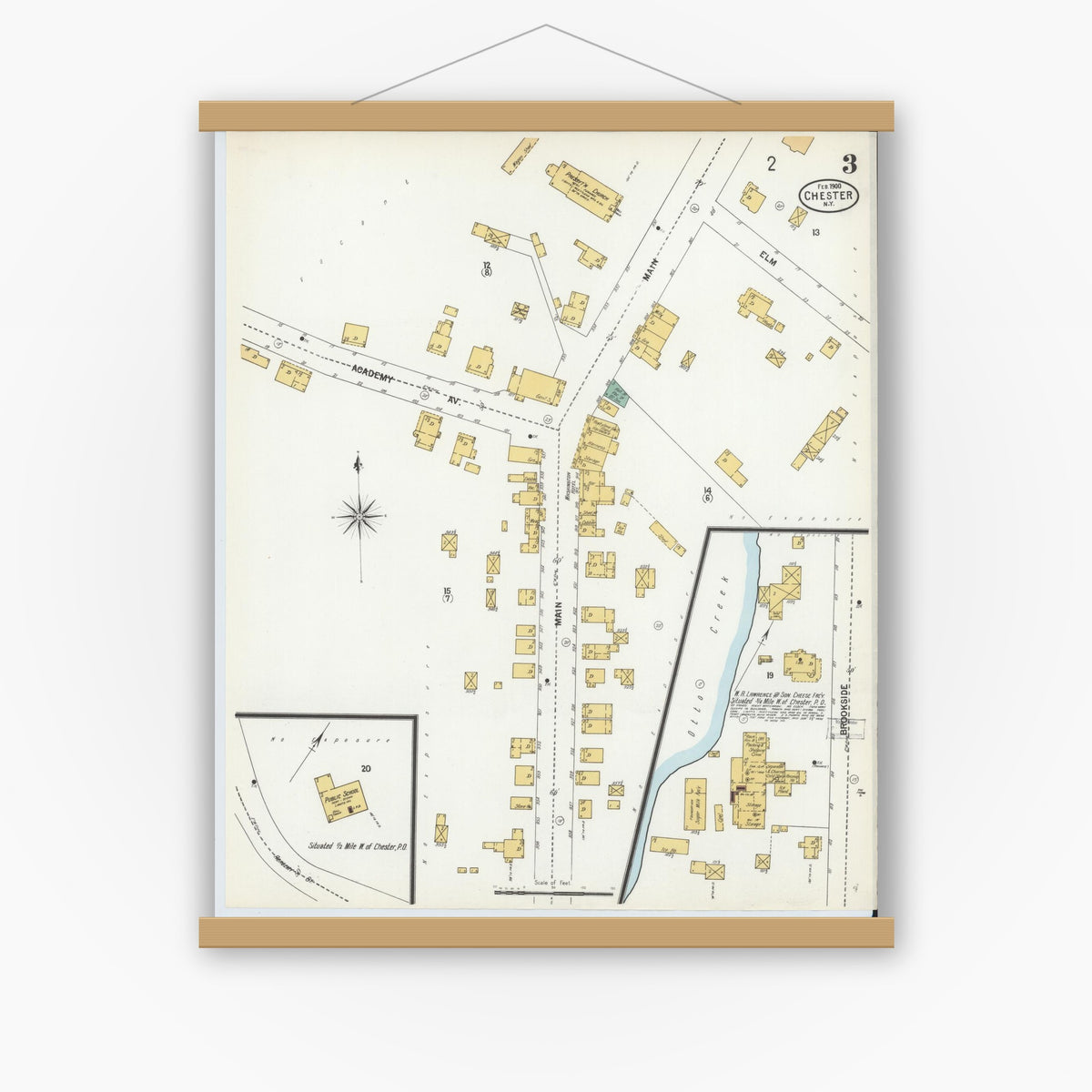 Old map wall art mockup — magnetic wood frame on white wall — Sanborn Fire Insurance Map from Chester, Orange County, New York (1900), Sheet #0003