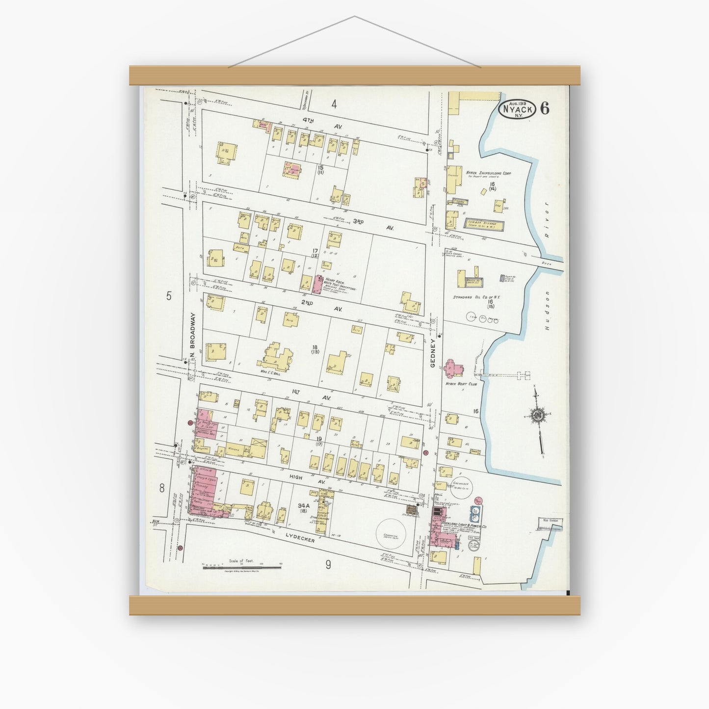 Old map wall art mockup — magnetic wood frame on white wall — Sanborn Fire Insurance Map from Nyack, Rockland County, New York. (1919), Sheet #0006