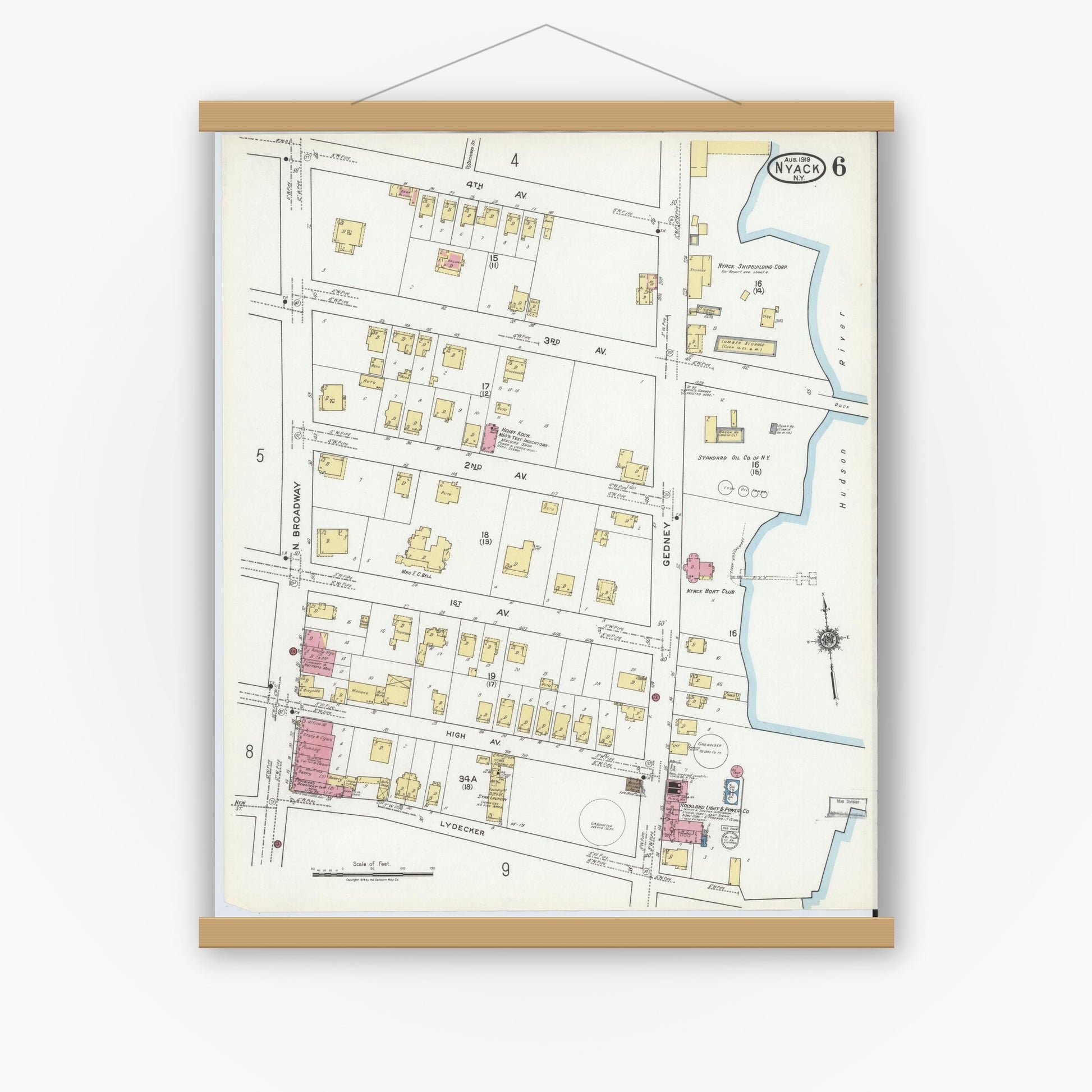 Old map wall art mockup — magnetic wood frame on white wall — Sanborn Fire Insurance Map from Nyack, Rockland County, New York. (1919), Sheet #0006
