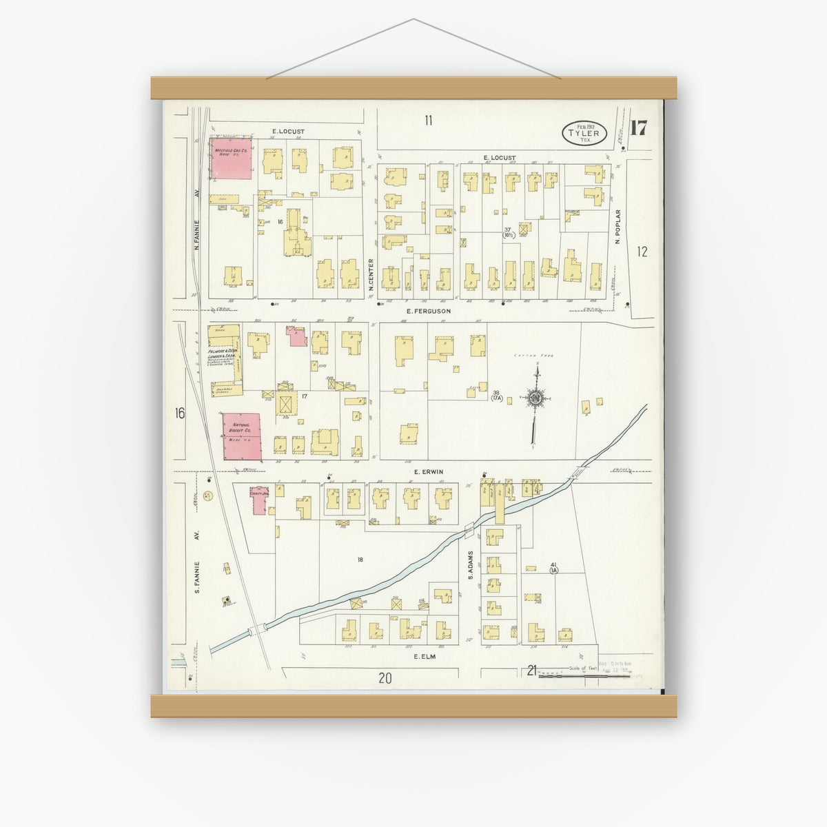 Old map wall art mockup — magnetic wood frame on white wall — Sanborn Fire Insurance Map from Tyler, Smith County, Texas (1912), Sheet #0017