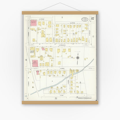 Old map wall art mockup — magnetic wood frame on white wall — Sanborn Fire Insurance Map from Tyler, Smith County, Texas (1912), Sheet #0017