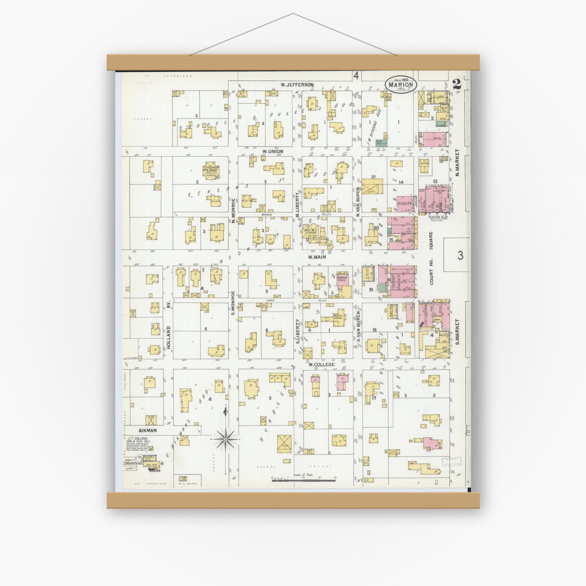 Old map wall art mockup — magnetic wood frame on white wall — Sanborn Fire Insurance Map from Marion, Williamson County, Illinois (1900), Sheet #0004
