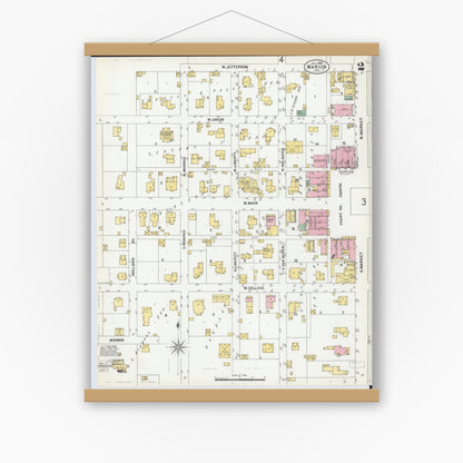 Old map wall art mockup — magnetic wood frame on white wall — Sanborn Fire Insurance Map from Marion, Williamson County, Illinois (1900), Sheet #0004
