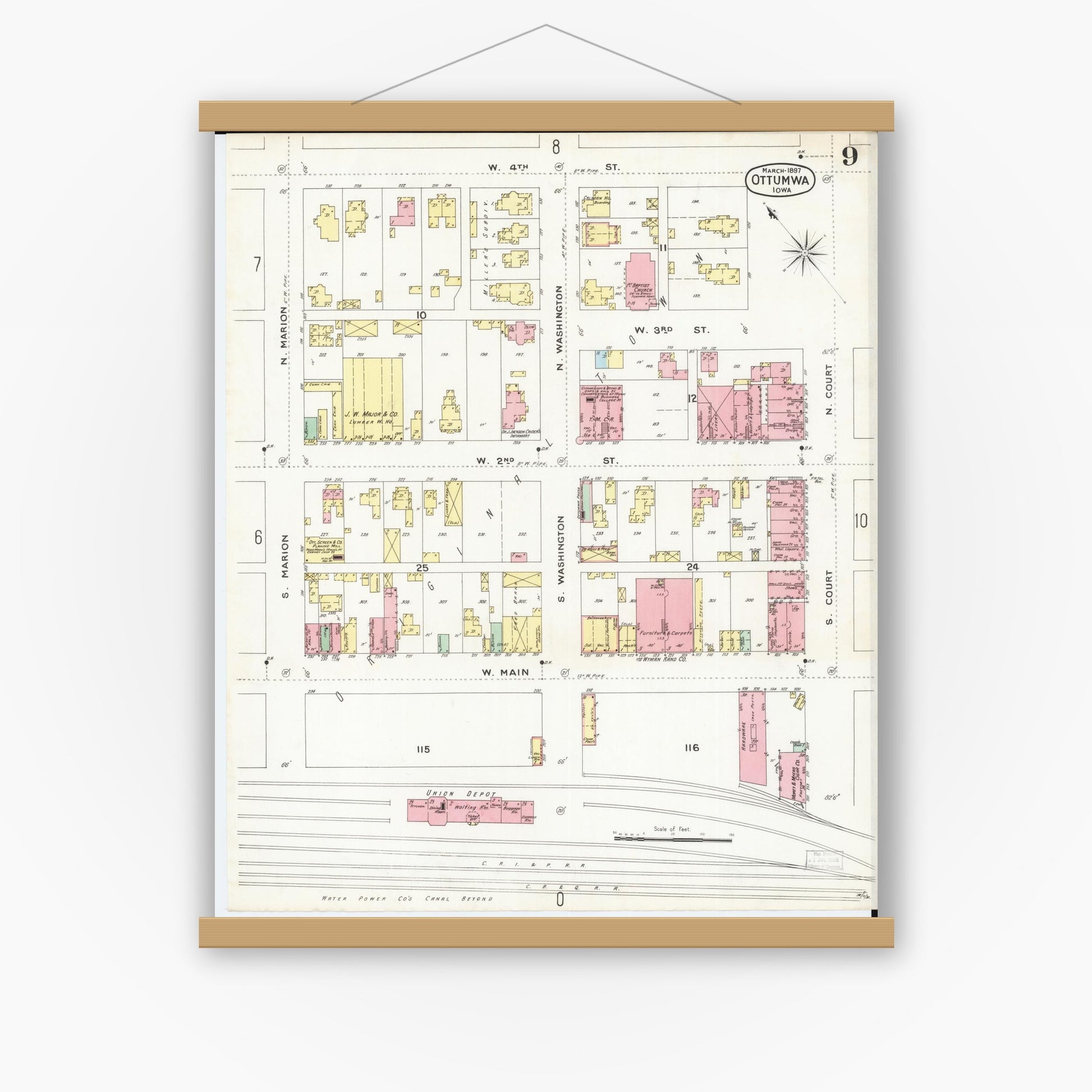 Old map wall art mockup — magnetic wood frame on white wall — Sanborn Fire Insurance Map from Ottumwa, Wapello County, Iowa (1897), Sheet #0009