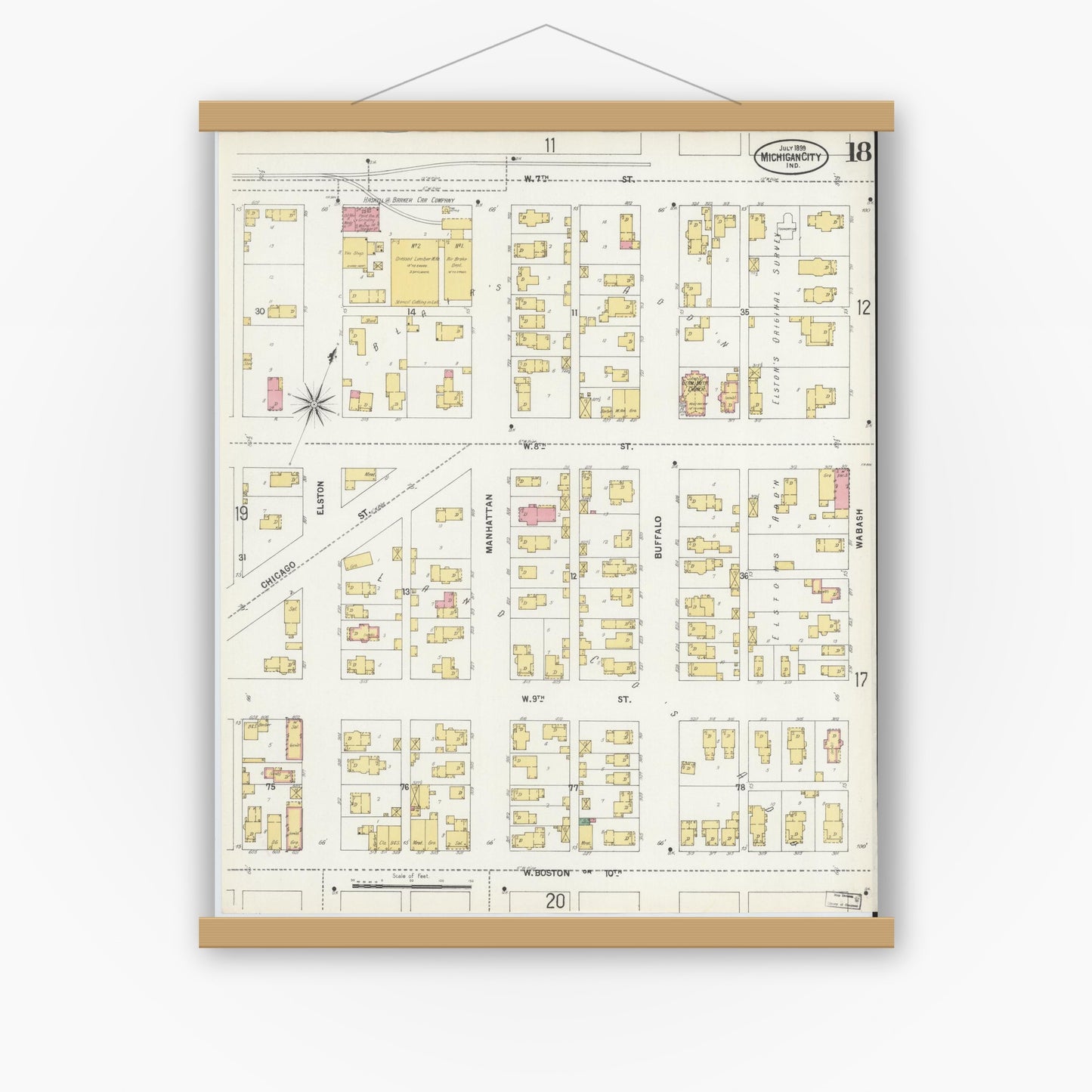 Old map wall art mockup — magnetic wood frame on white wall — Sanborn Fire Insurance Map from Michigan City, La Porte County, Indiana (1899), Sheet #0018