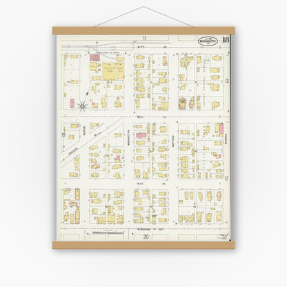 Old map wall art mockup — magnetic wood frame on white wall — Sanborn Fire Insurance Map from Michigan City, La Porte County, Indiana (1899), Sheet #0018